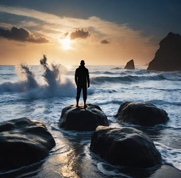 Silhouette of a man standing on the rocks in the sea.wave splash.human silhouette on the rocks on the seashore. Waves splashing on the rocks.