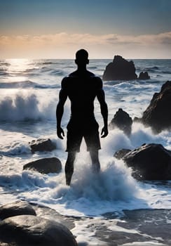 Silhouette of a man standing on the rocks in the sea.wave splash.human silhouette on the rocks on the seashore. Waves splashing on the rocks.