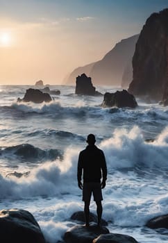 Silhouette of a man standing on the rocks in the sea.wave splash.human silhouette on the rocks on the seashore. Waves splashing on the rocks.