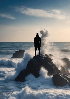 Silhouette of a man standing on the rocks in the sea.wave splash.human silhouette on the rocks on the seashore. Waves splashing on the rocks.