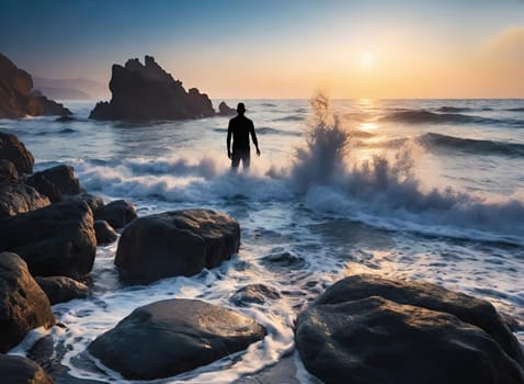 Silhouette of a man standing on the rocks in the sea.wave splash.human silhouette on the rocks on the seashore. Waves splashing on the rocks.