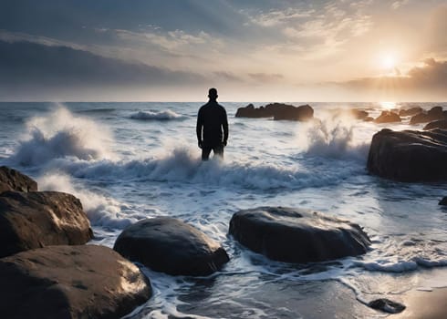 Silhouette of a man standing on the rocks in the sea.wave splash.human silhouette on the rocks on the seashore. Waves splashing on the rocks.