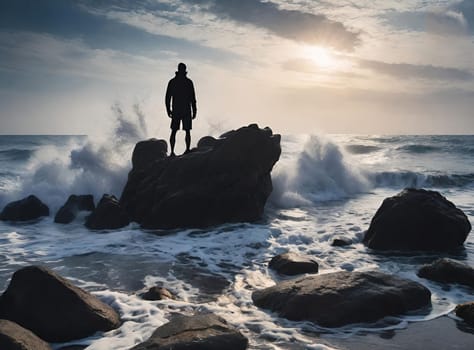 Silhouette of a man standing on the rocks in the sea.wave splash.human silhouette on the rocks on the seashore. Waves splashing on the rocks.