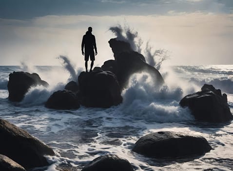 Silhouette of a man standing on the rocks in the sea.wave splash.human silhouette on the rocks on the seashore. Waves splashing on the rocks.