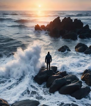 Silhouette of a man standing on the rocks in the sea.wave splash.human silhouette on the rocks on the seashore. Waves splashing on the rocks.