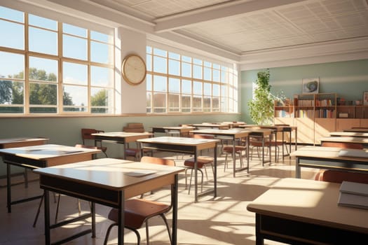 Empty class room with windows and desks, in the style of sun rays shine upon. Generative AI.