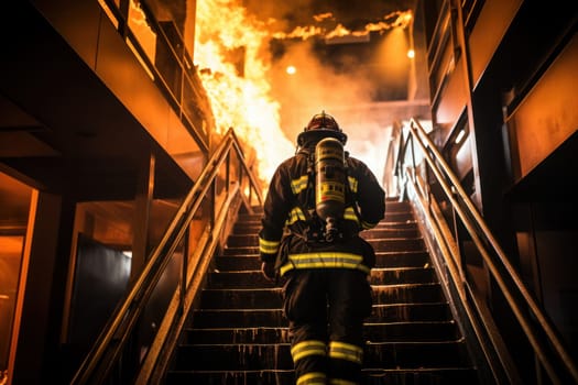 Firefighter in full gear walking up stairway severe fire. Generative AI.