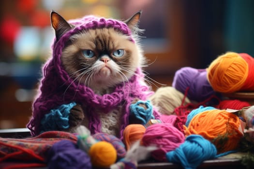 Grumpy faced cat gets dressed by owner. Generative AI.