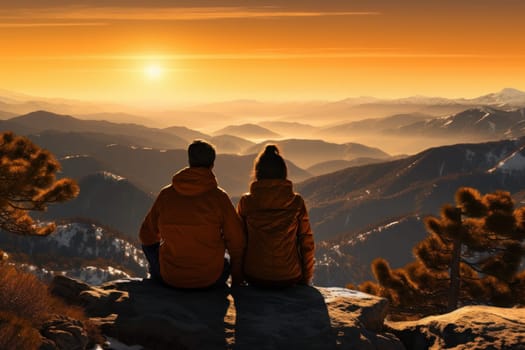 Asian couple in orange trekker outfit sitting on the rock and smile on mountain peak. Generative AI.