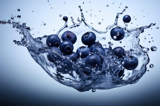 Splash effect of blueberry, high speed photography, on plain white background. Generative AI.