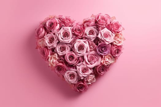 A heart-shaped arrangement of pink and white roses on a pink background.