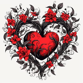 A vivid illustration of a heart entwined with ornate red roses and black flourishes.