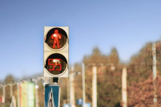 Stop traffic light for a pedestrian people with stopwatch. Red sign with timer