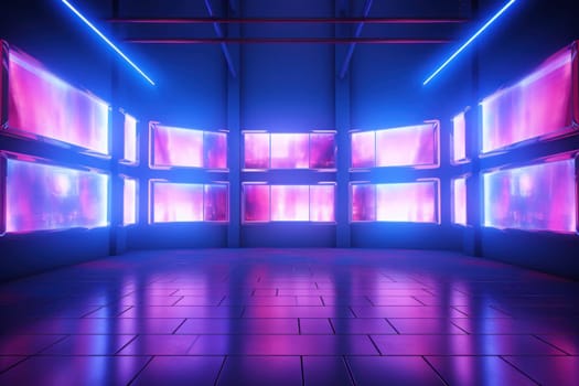 Background wall made of glowing tv screens, 3d unreal render, vibrant. Generative AI.