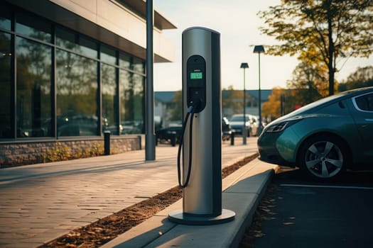 Electric car charging battery at EV charger station. Generative AI..