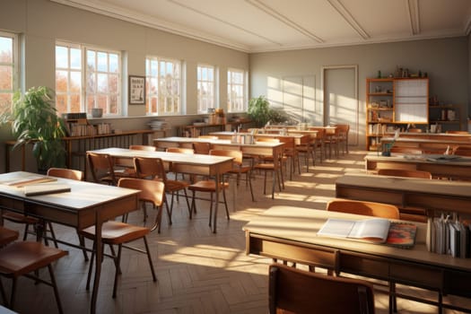 Empty class room with windows and desks, in the style of sun rays shine upon. Generative AI.