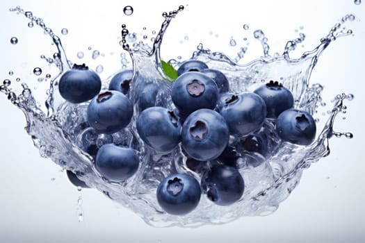 Splash effect of blueberry, high speed photography, on plain white background. Generative AI.
