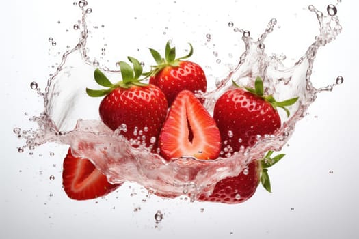 Splash effect of strawberry, high speed photography, on plain white background. Generative AI.