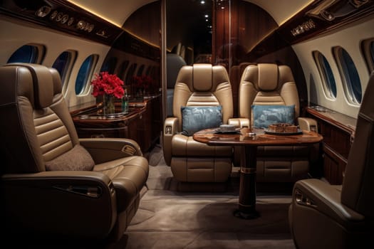 Interior from a luxury private jet. Generative AI.