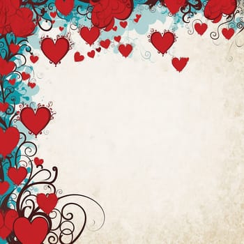 Vintage background with red hearts and blue floral designs for romantic occasions.