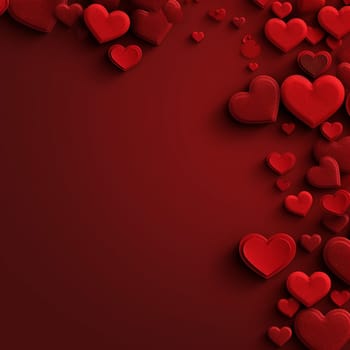 Variety of red hearts on a dark red background, symbolizing love and romance.