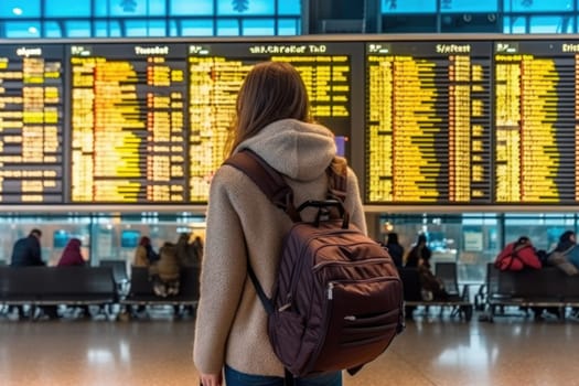 A young woman at an international airport looks at the flight information board. Generative AI.