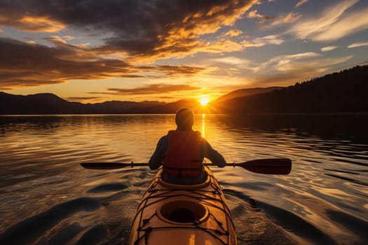 Model kayaking on a tranquil lake at sunset. Generative AI.