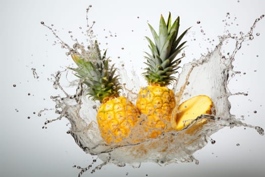 Splash effect of pine apple, high speed photography, on plain white background. Generative AI.