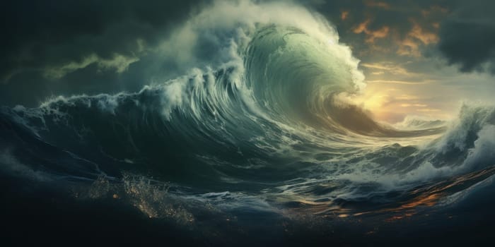 Giant tsunami waves, dark stormy sky. Perfect Storm. Huge waves Tsunami Big waves. Generative AI.