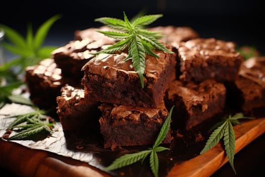 Delicious cannabis brownie garnished with marijuana leaf on top. Generative AI.