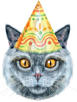 Cute cat in yellow party hat. Cat for t-shirt graphics. Watercolor British Shorthair illustration