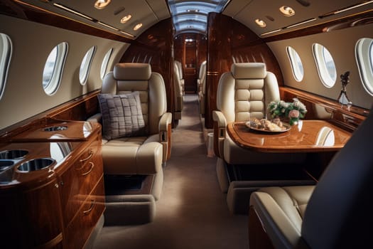 Interior from a luxury private jet. Generative AI.