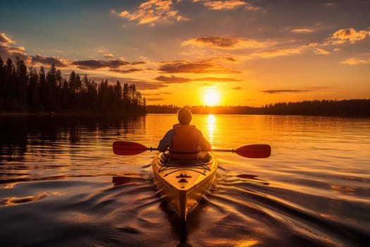 Model kayaking on a tranquil lake at sunset. Generative AI.