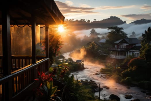 Beautiful sunrise in a rural village in the morning. Generative AI.