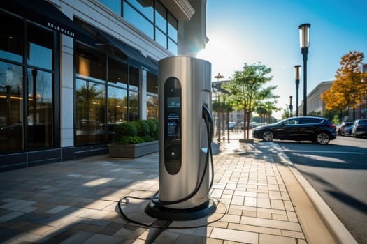 Electric car charging battery at EV charger station. Generative AI..