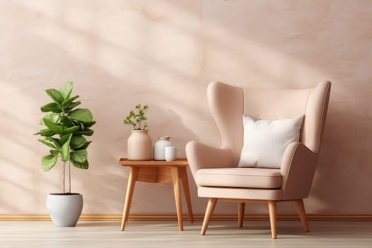 Modern beige wing chair near modern. Interior design of minimalist living room. Generative AI.