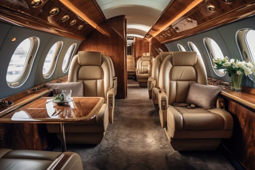 Interior from a luxury private jet. Generative AI.