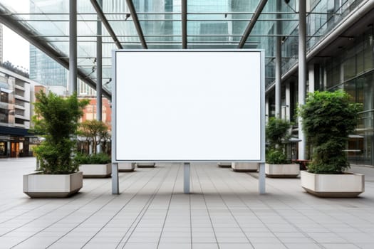 Public shopping center mall advertisement board space as empty blank white mockup. Generative AI.