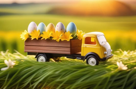 Easter concept. A toy truck full of colorful Easter eggs against the background of a field with green grass and flowers. Egg delivery. Setting sun in spring. Close-up. Blurred background.