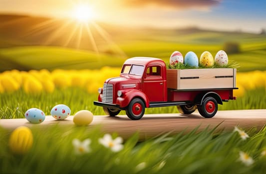 Easter concept. A toy truck full of colorful Easter eggs against the background of a field with green grass and flowers. Egg delivery. Setting sun in spring. Close-up. Blurred background.