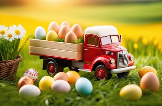 Easter concept. A toy truck full of colorful Easter eggs against the background of a field with green grass and flowers. Egg delivery. Setting sun in spring. Close-up. Blurred background.