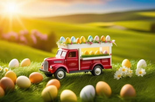 Easter concept. A toy truck full of colorful Easter eggs against the background of a field with green grass and flowers. Egg delivery. Setting sun in spring. Close-up. Blurred background.