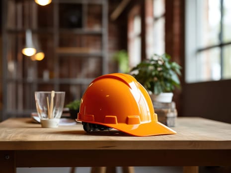 Industrial Safety: Yellow Helmet on Wooden Table with Construction Tools on White Background