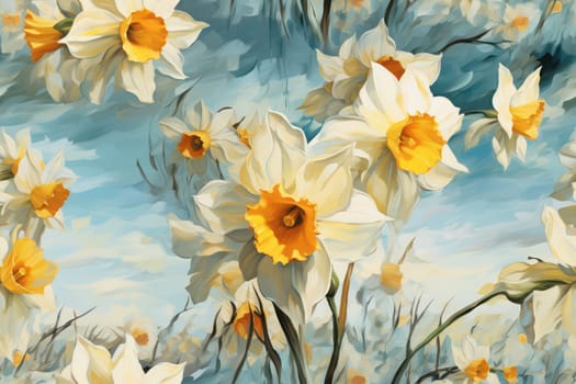 Spring Blossoms: Vibrant Yellow Narcissus Flowers, a Symbol of Freshness and Beauty, Blooming in a Colorful Field on a Sunny Day