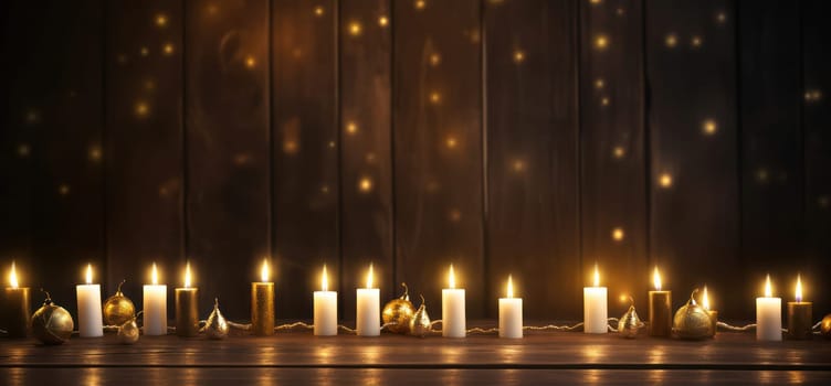 Romantic Christmas Night: Glowing Candlelight on a Wooden Table in a Rustic Church, Creating a Festive and Majestic Ambience