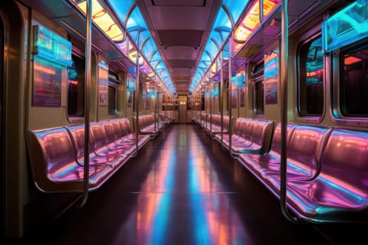 Empty seats on the subway cinematic lighting, white neon. Generative AI.