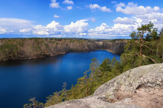 Beautiful aerial view of the lake and forest area. Russia, Karelia.