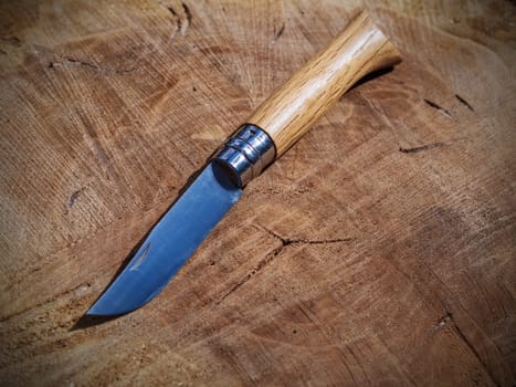 Vintage knife with a wooden handle on a stump. Tourist camping knife.