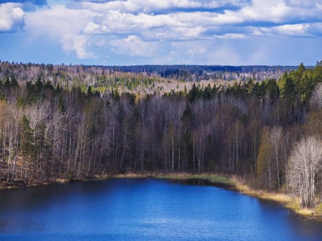 Beautiful aerial view of the lake and forest area. Russia, Karelia.