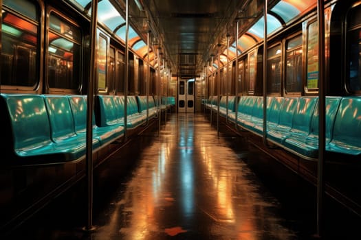 Empty seats on the subway cinematic lighting, white neon. Generative AI.